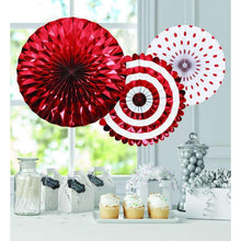 Hanging paper fan set with red metallic, white polka-dot, and striped designs