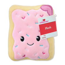 Pink toaster pastry plush with yellow crust and attached gift tag