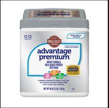 Wellsley Farms Advantage premium infant formula powder container, white with blue label