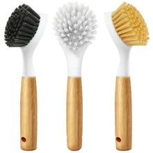 Dish brush set with bamboo handles, three bristle heads in dark, white, and yellow