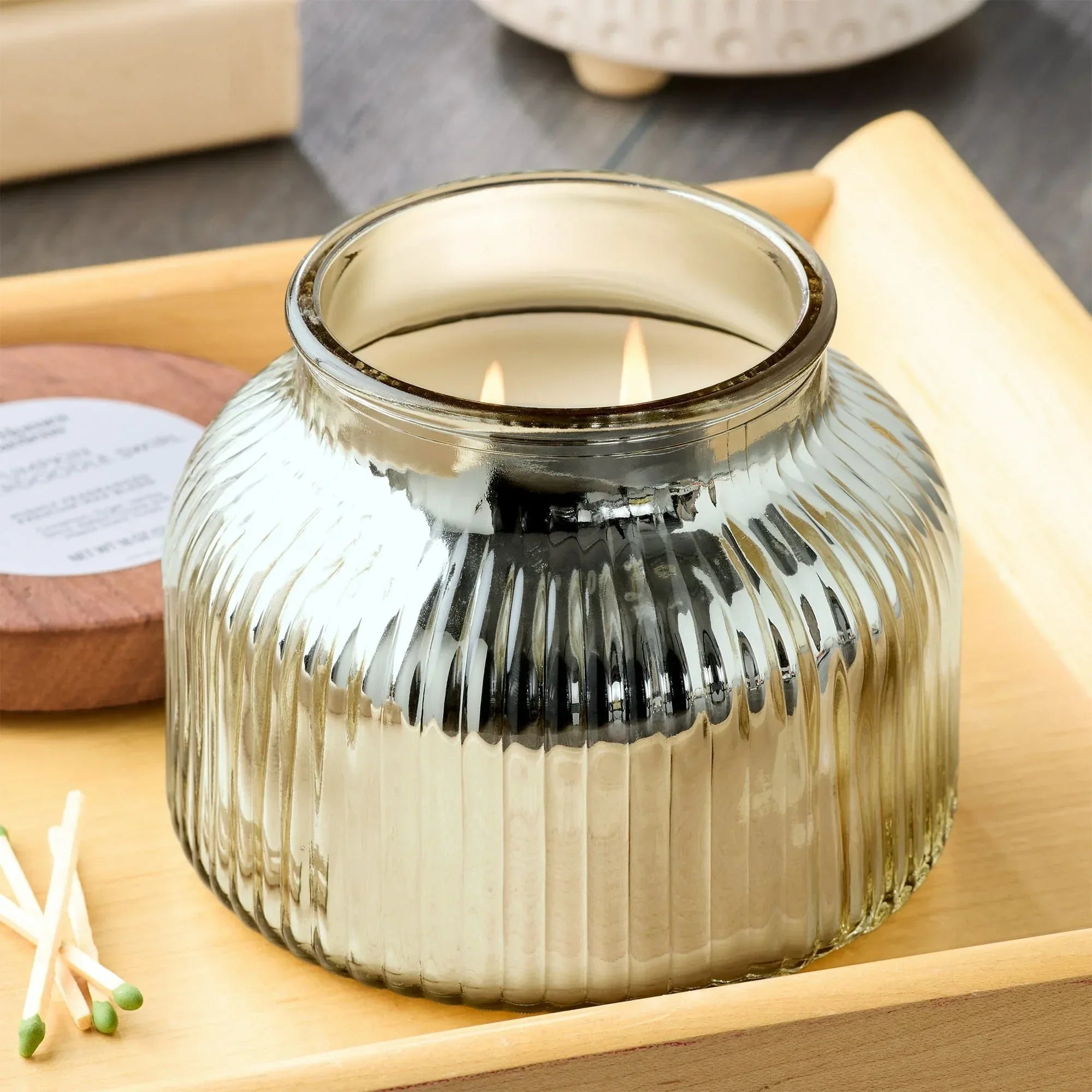 Better Homes & Gardens Scented Cotton 2-Wicks Ribbed Mecury Glass Jar Candle with Wooden Lid 18oz