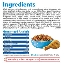 Dog food ingredients and guaranteed analysis panel with kibble bowl graphic