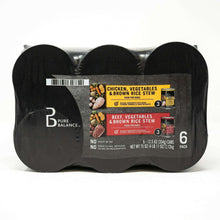 6-pack wet dog food cans, Chicken & brown rice above Beef & brown rice below