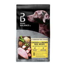 Chicken & brown rice dry dog food bag with Pure Balance logo and dog portrait