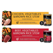 Chicken and beef stew variety pack labels with two black can fronts