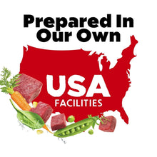 Dry dog food graphic with USA facilities text and farm ingredient illustration