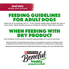 Feeding guidelines label for Purina Beneful beef stew wet dog food