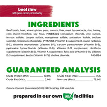 Beef stew wet dog food ingredients and guaranteed analysis label