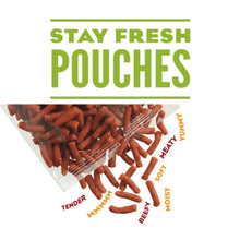 Stay fresh pouches label with tender, meaty, soft and moist pouch pieces