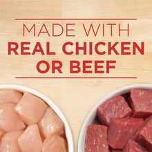 Wet dog food servings in bowls, made with real chicken or beef pieces in gravy