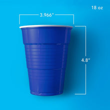 Blue plastic cup, 18 oz, shown with size measurements