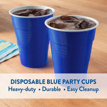 Blue disposable plastic cups with ice and dark beverage, 18 oz