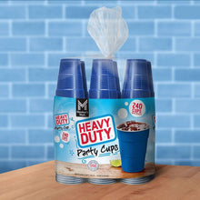 Heavy-duty blue plastic cups 18 oz, 240-count pack on tabletop with tissue