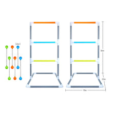 Ladder ball game frame with three rungs and hanging ball strings, shown with sizes