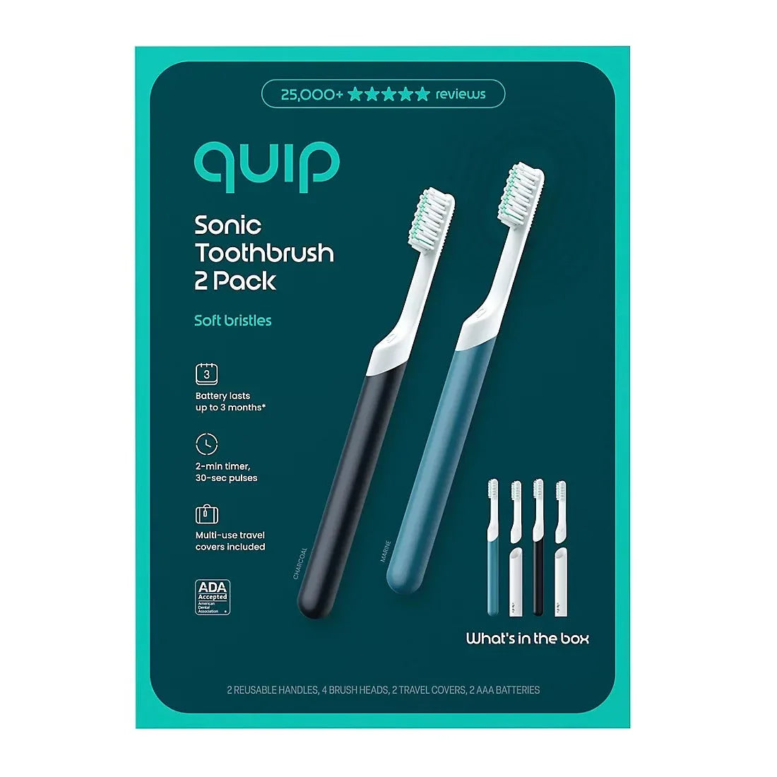 quip Sonic Electric Toothbrushes, Marine and Charcoal, with 4 Replacement Brush Heads, 2 pk. - USA MEGA SHOP