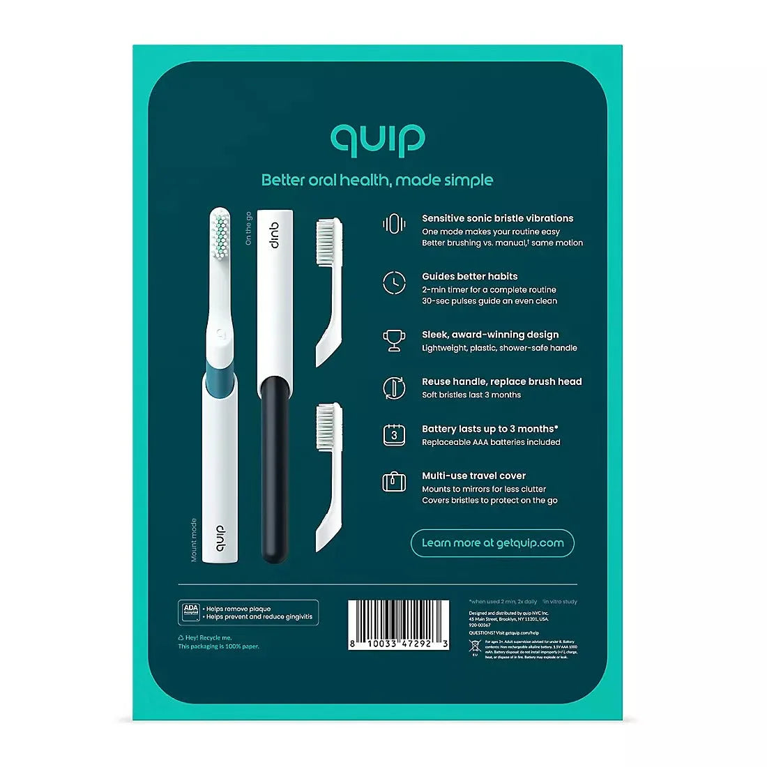 quip Sonic Electric Toothbrushes, Marine and Charcoal, with 4 Replacement Brush Heads, 2 pk. - USA MEGA SHOP