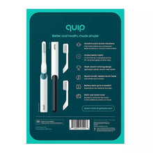 quip Sonic electric toothbrush set package back with multiple brush heads and accessory layout