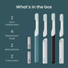 what's in the box: quip Sonic 2 toothbrushes, 4 replacement heads, and travel covers