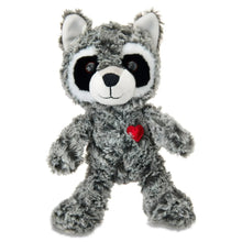 Gray and white raccoon plush with red heart on chest