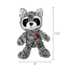 Gray raccoon plush standing with red heart, 12.5 in tall