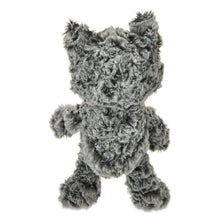 Gray and white raccoon plush back view, upright pose