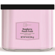 Textured wrap scented candle jar with Raspberry Peach Frose label, pink glass