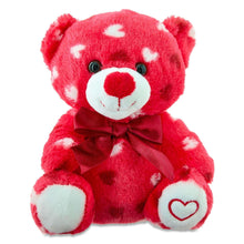 Red plush bear with white hearts and bow, round white muzzle and red nose