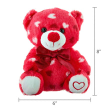 Red plush bear with white heart pattern, bow tie, 8-inch height
