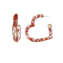 Open heart hoop earrings, red glitter with gold-tone posts