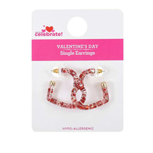 Red glitter open-heart hoop earrings with gold-tone stud backs