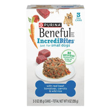 Wet dog food can label with bowl of meat mix and real beef recipe