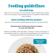 Wet dog food feeding guide label with dog bowl portion and high-protein recipe callout