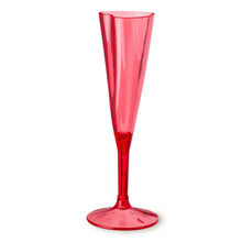 Red plastic champagne flute with heart-shaped rim, tapered stem, and round base