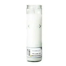White unscented religious candle in clear glass jar with cross detail