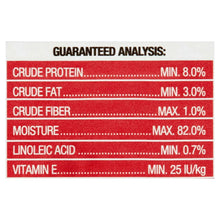 Guaranteed analysis: moisture max 82.0%, linoleic acid min 0.7%, vitamin E min 25 IU/kg