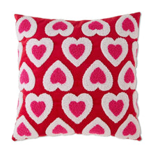 Red and white heart-pattern decorative pillow with pink embroidered accents
