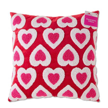 Red heart-pattern decorative pillow with pink and white plush appliques