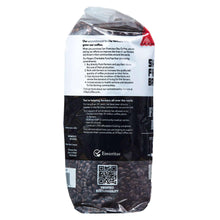 French roast whole bean coffee bag, back panel with instructions and certifications