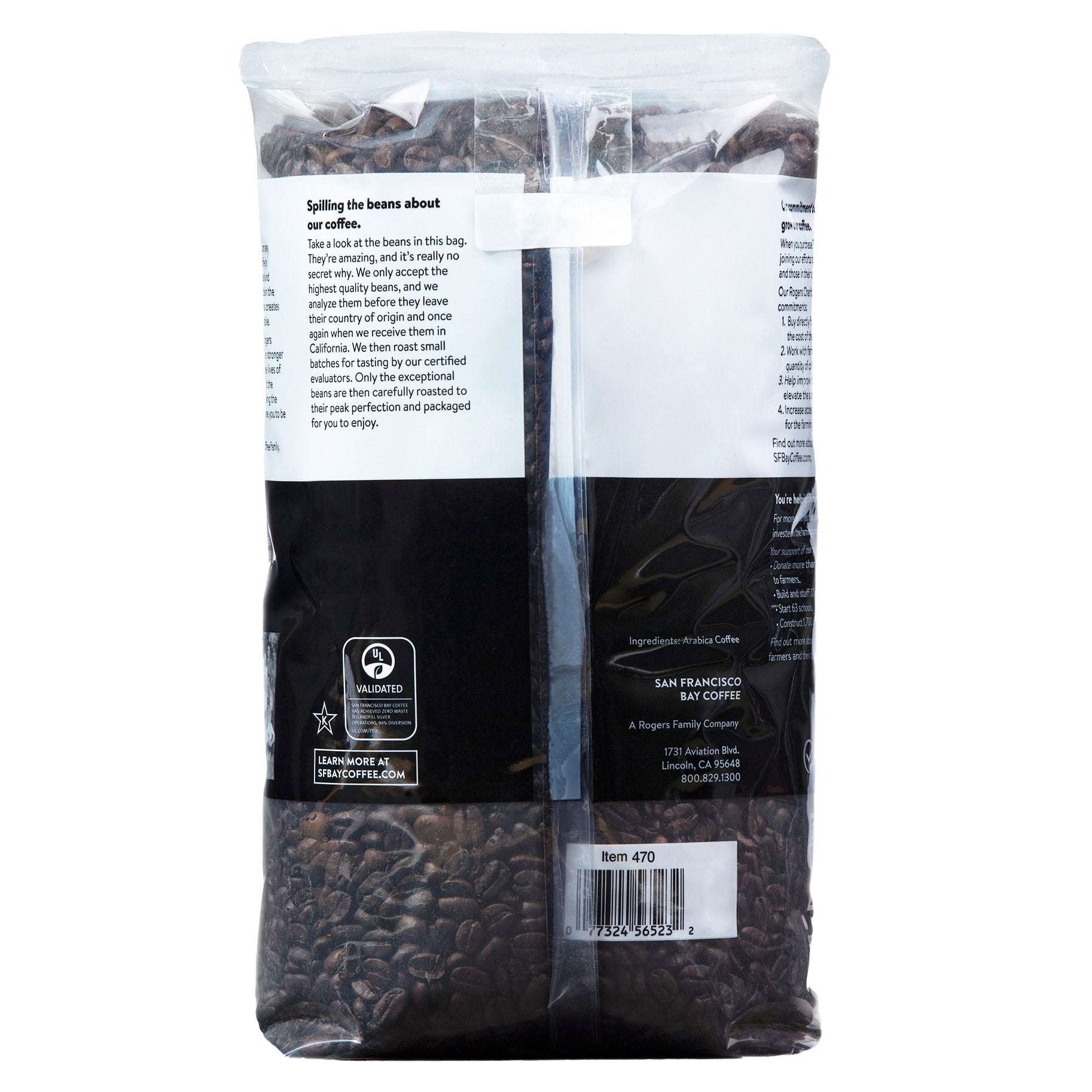 Brand For Less USA San Francisco French Roast whole bean coffee in clear sealed bag showing dark roasted coffee beans