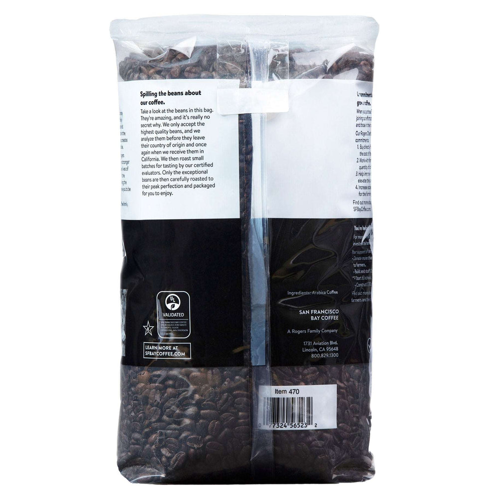 Brand For Less USA San Francisco French Roast whole bean coffee in clear sealed bag showing dark roasted coffee beans