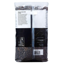 Whole bean coffee bag back panel with details, sustainability and barcode