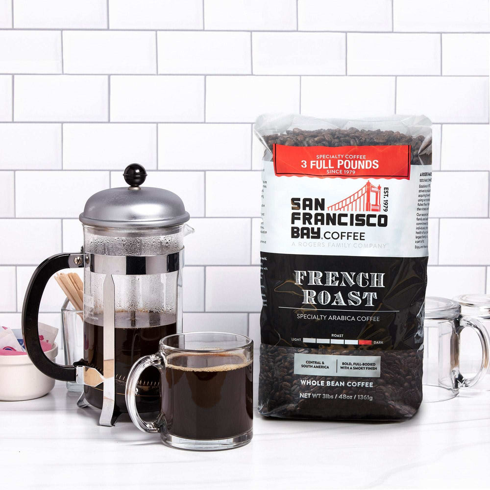 San Francisco French Roast whole bean coffee 3-pound bag with French press and glass cup of brewed coffee