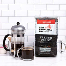 French roast whole bean coffee bag with red label, 3 full pounds