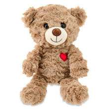 Brown small bear plush with embroidered face and red heart on chest
