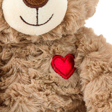 Brown bear plush chest with red stitched heart patch