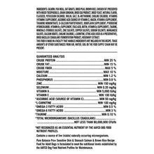 Dog food bag ingredients and guaranteed analysis table
