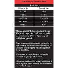 Dog food bag feeding instructions table for adult dogs
