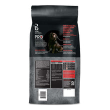 Dog food bag back label with ingredient list and nutrition details