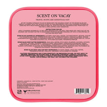 Pink travel case back panel with Holler Scent on Vacay ingredients and barcode