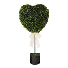 Green heart-shaped topiary with white bow ribbon on a black pot